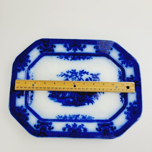 Stunning Antique Davenport Amoy Flow Blue 13" Platter Asian Design, c.1840s - Picture 14 of 15